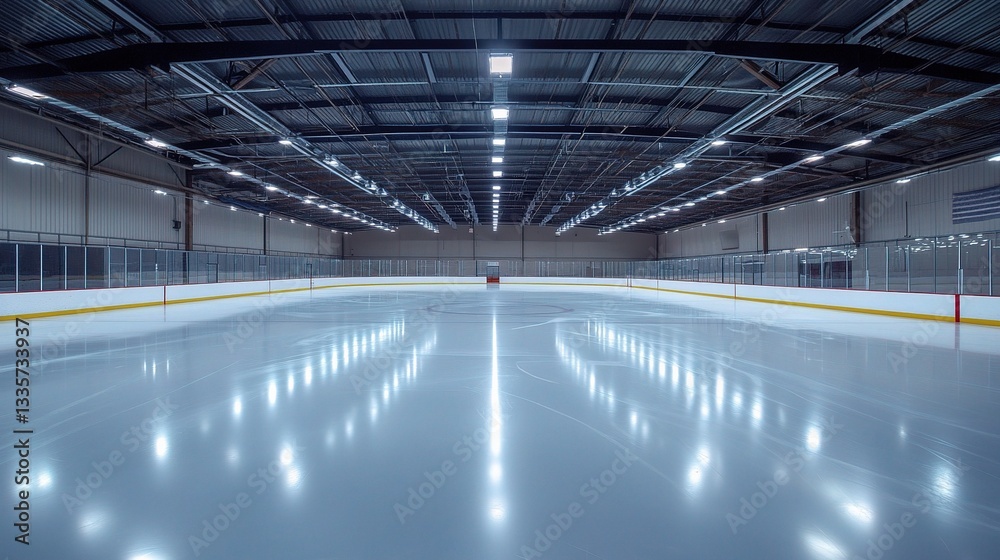 Fototapeta premium Empty Hockey Rink: A wide-angle shot of a pristine, empty ice hockey rink. The gleaming ice surface and the bright overhead lights create a sense of anticipation and excitement for the games to come.
