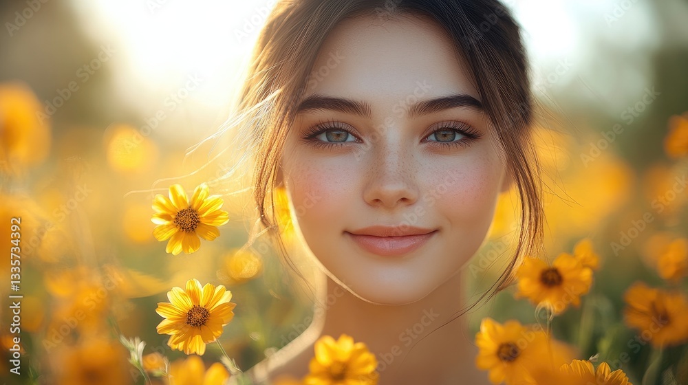 Radiant woman amidst a field of yellow flowers Radiant woman amidst a field of yellow flowers