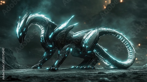 Futuristic Dragon, Powerful, Cosmic Landscape, Digital Art, Background fires, Potential for Sci-Fi, Game or Fantasy, Stock Image