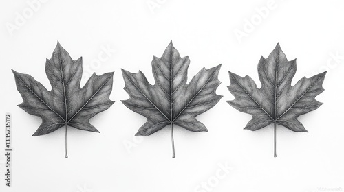 Three pencil-drawn maple leaves on white background; nature design