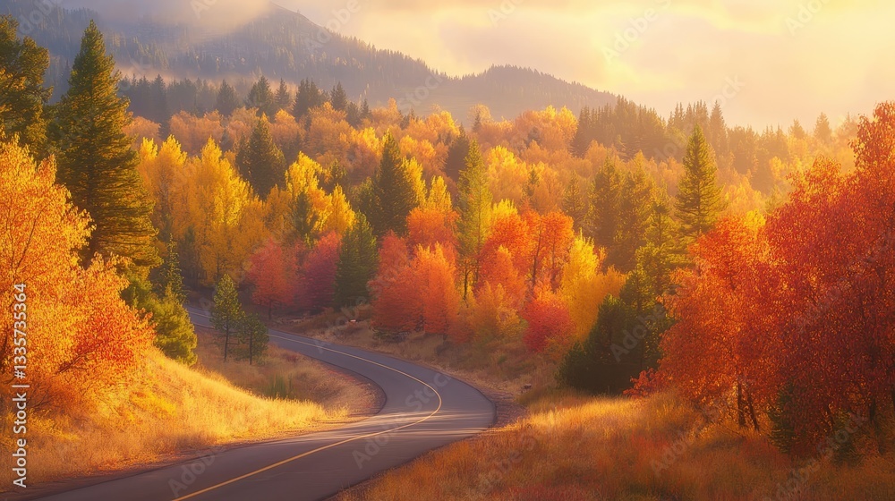 A scenic autumn road winding through trees ablaze in fall colors, golden light filtering through. A scenic autumn road winding through trees ablaze in fall colors, golden light filtering through.