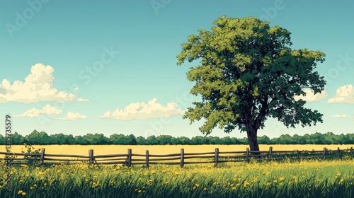 Summer field, lone tree, wooden fence, sunny day, nature background, idyllic landscape