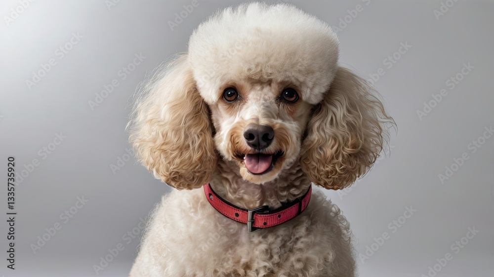 A poodle with a red collar is smiling and looking at the camera A poodle with a red collar is smiling and looking at the camera