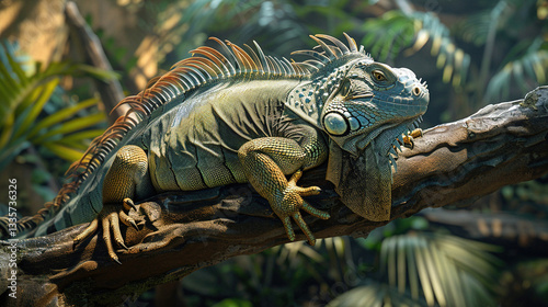 green iguana on branch