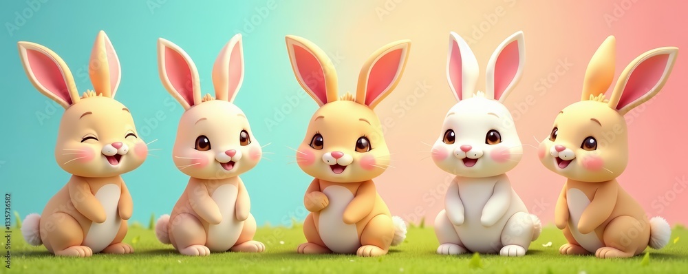Fototapeta premium Adorable cartoon rabbits in various poses with colorful backgrounds, whimsical, furry, colorful