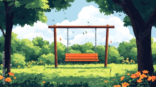 Serene park swing, sunny day, green trees, flowers