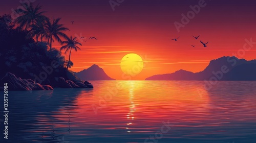 Tropical Sunset Paradise Seascape; Calm Ocean; Birds in Sky; Artistic Seascape; Perfect for Wallpaper