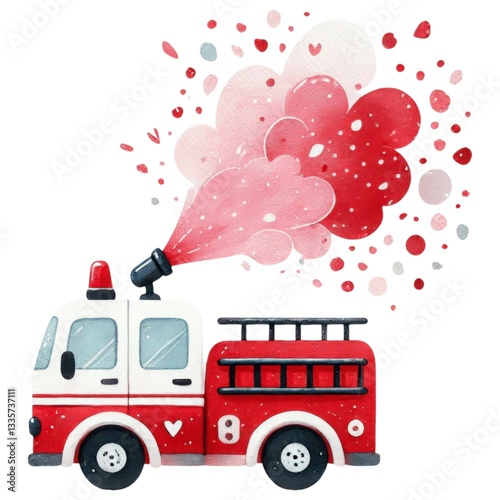 Valentine vehicle concept. A whimsical fire truck sprays colorful hearts, adding a playful touch to any scene, perfect for celebrations or themed events.