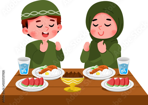 Illustration of a Kids Praying Before Meal