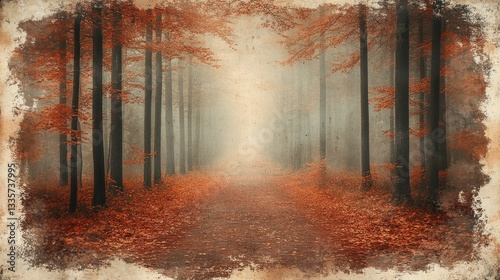 Autumn path through misty forest