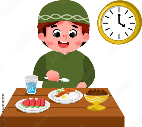 Illustration of a Boy Enjoying a Meal