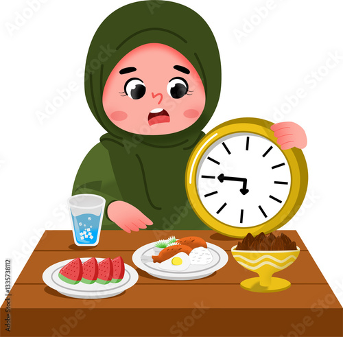 Illustration of a Girl Waiting for Dinner Time