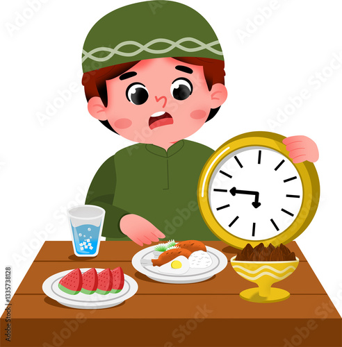 Illustration of a Boy Waiting for Dinner Time