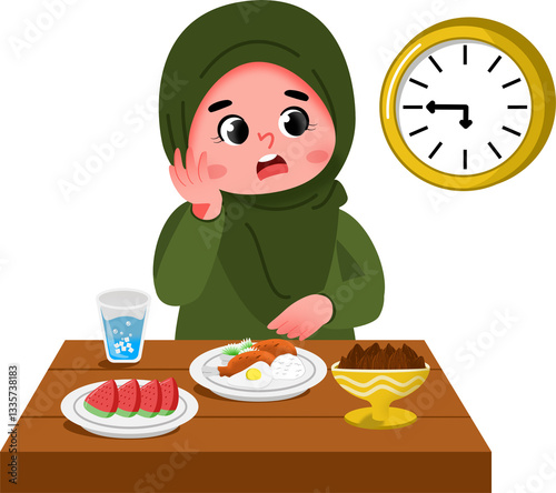 Illustration of a Girl Waiting for Dinner Time