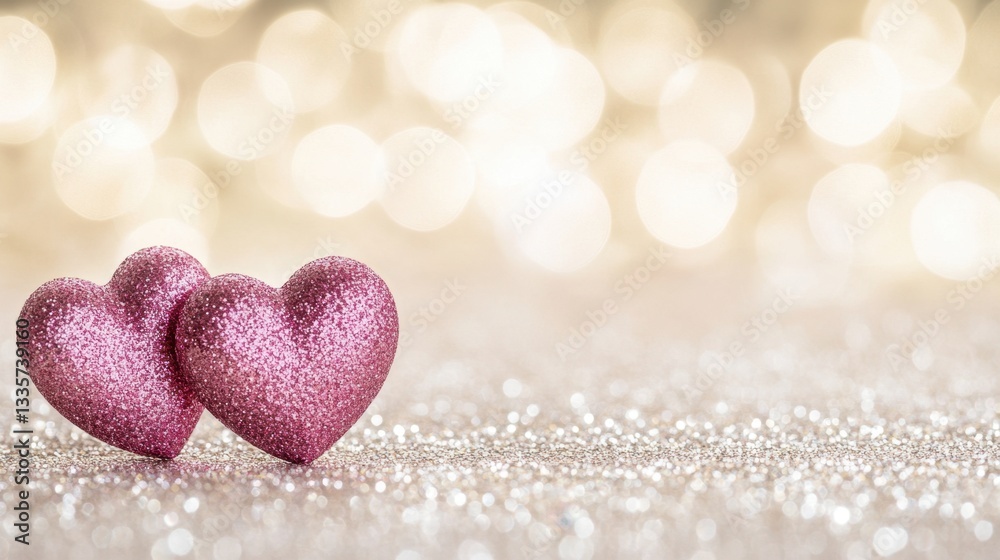Fototapeta premium Two hearts are on a glittery surface, creating a romantic and dreamy atmosphere
