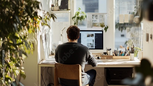 Creative professional working at his desk in a bright, plant-filled home office
