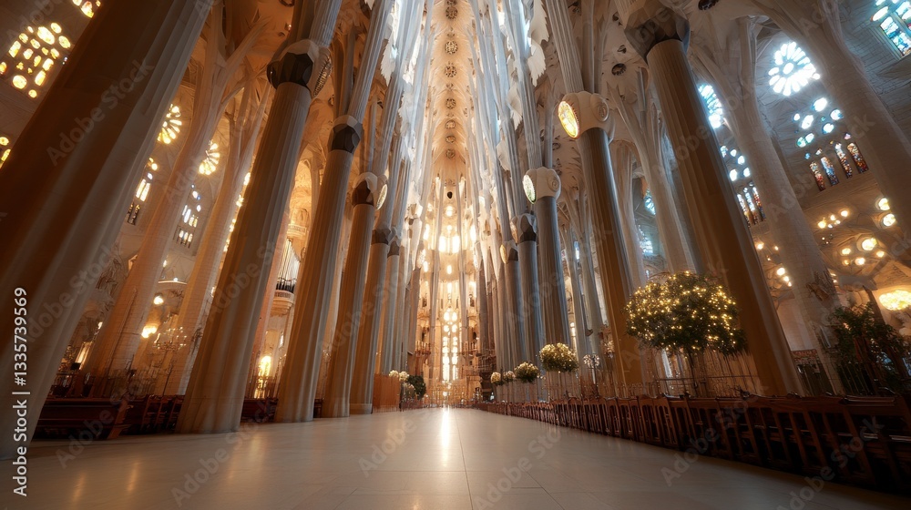 Obraz premium Grand interior of a cathedral, sunlight streams through stained glass windows