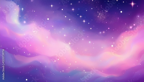 Pink unicorn sky with stars. Cute purple pastel background. Fantasy dreaming galaxy and magic wavy space with fairy light
