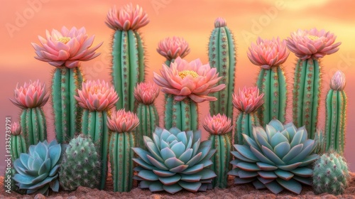 Blooming desert cacti sunset; nature wallpaper