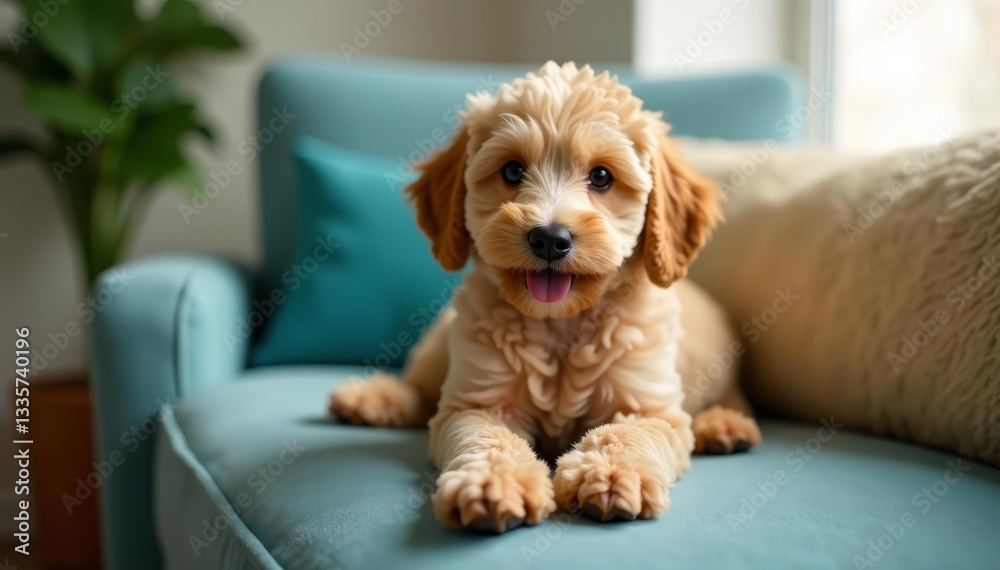 Playful young poodle dog sitting on sofa armrest, adorable, poodle, armrest Playful young poodle dog sitting on sofa armrest, adorable, poodle, armrest