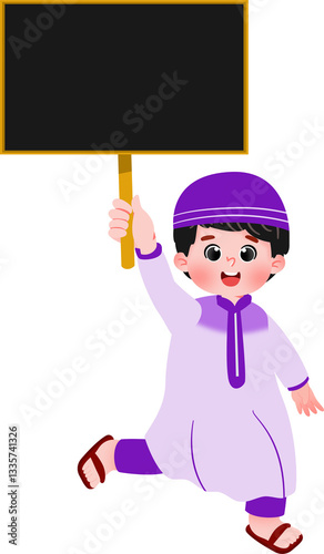 Cheerful Muslim Boy Holding Blank Sign