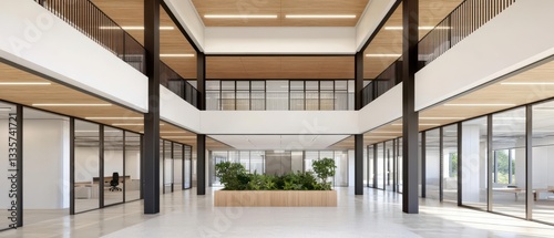 contemporary office spaces and collaborative areas productivity. Multi-tier office design with mezzanine collaboration decks, open staircases, and scenic team spaces