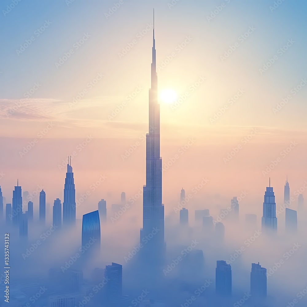 Obraz premium Sunrise Fog Envelops Dubai Skyline