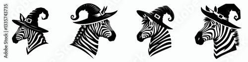 Zebra's head wear witch hat in halloween vector graphic simple monochrome minimalist silhouette doodle of a striped equine wearing spooky headwear
