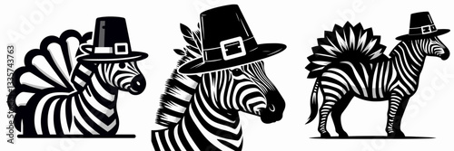 Zebra wear pilgrim hat in thanksgiving 0805 3238 minimalist vector graphic of a striped quadruped celebrating the harvest festival.