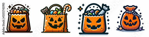 x 25 Halloween Trick or treat bag vector outline drawing shows spooky minimalist silhouettes for a fun autumn graphic
