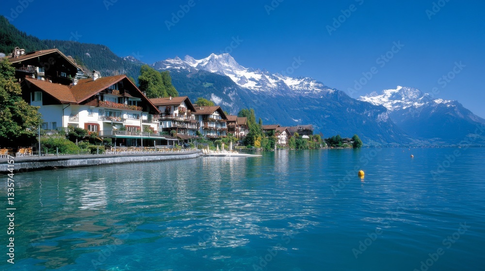 Lakeside village nestled by snowy mountains Lakeside village nestled by snowy mountains