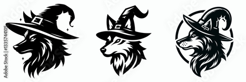 Wolf's head wear witch hat in halloween vector graphic a spooky minimalist silhouette for a fun autumn doodle