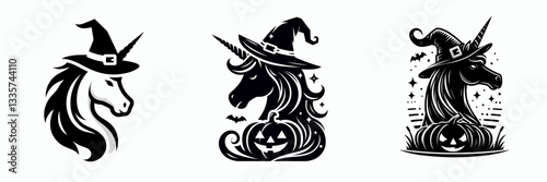 Unicorn wear witch hat in halloween 0803 5610 create a simple monochrome vector illustration of a magical creature.