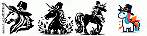 Unicorn wear pilgrim hat in thanksgiving 0805 3901 vector graphic simple monochrome minimalist silhouette doodle  for a festive autumn design.