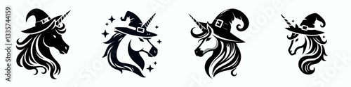 Unicorn's head wear witch hat in halloween vector graphic simple minimalist silhouette doodle a spooky autumn fantasy