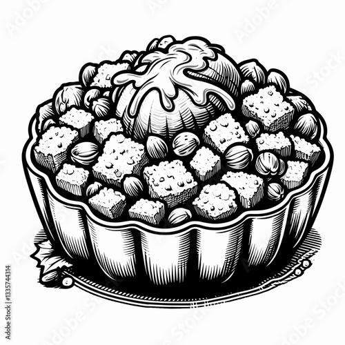 Thanksgiving Stuffing vector outline drawing: a simple monochrome minimalist graphic of autumn harvest side dish