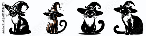 Siamese Cat wear witch hat in halloween 0803 1941 vector illustration a spooky feline friend for a vintage Halloween design