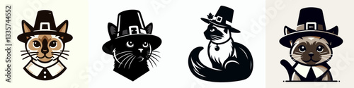 Siamese Cat wear pilgrim hat in thanksgiving 0805 5649 minimalist vector graphic of a feline friend celebrating the harvest.