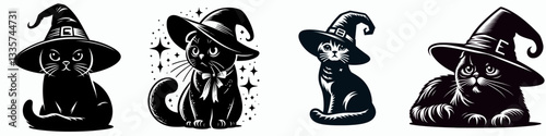 Scottish Fold Cat wearing a witch hat in Halloween  a simple monochrome vector outline drawing depicts a feline friend celebrating.