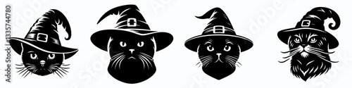 Scottish Fold Cat's head wear witch hat in halloween vector outline drawing a spooky feline friend for October