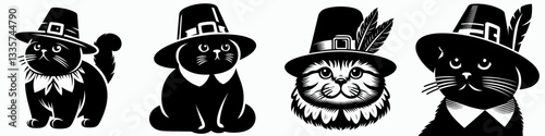Scottish Fold Cat wearing a pilgrim hat in Thanksgiving vector graphic a simple monochrome doodle illustration of a feline celebrating harvest.