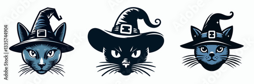 Russian Blue Cat's face wearing a witch hat in Halloween vector outline drawing a spooky feline friend