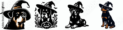 Rottweiler Dog wear witch hat in halloween vector outline drawing a spooky  minimalist silhouette for a Halloween card