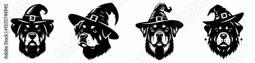 Rottweiler Dog's face wears a witch hat in Halloween a simple monochrome vector graphic illustration of a spooky pup