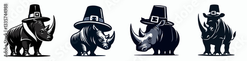 Rhino wear pilgrim hat in thanksgiving 0805 2950 vector illustration a simple monochrome Thanksgiving doodle