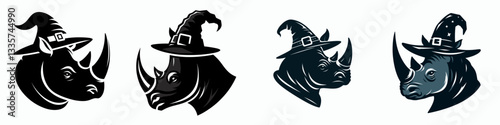 Rhino's head wear witch hat in halloween vector outline drawing a spooky monochrome minimalist silhouette for a festive graphic.