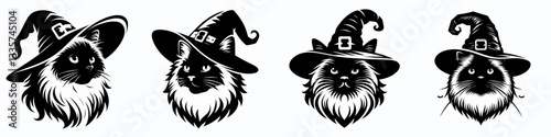 Ragdoll Cat's head wear witch hat in halloween vector graphic simple minimalist silhouette doodle a spooky feline friend