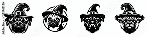 Pug Dog's face wear witch hat in halloween vector graphic simple minimalist silhouette doodle a cute spooky pet.