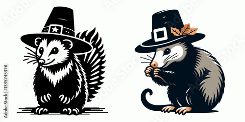 Possum wear pilgrim hat in thanksgiving 0805 4407 vector graphic a simple monochrome silhouette doodle of a marsupial enjoying the autumn harvest.