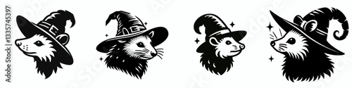 Possum's head wear witch hat in halloween vector outline drawing a mischievous marsupial's spooky style